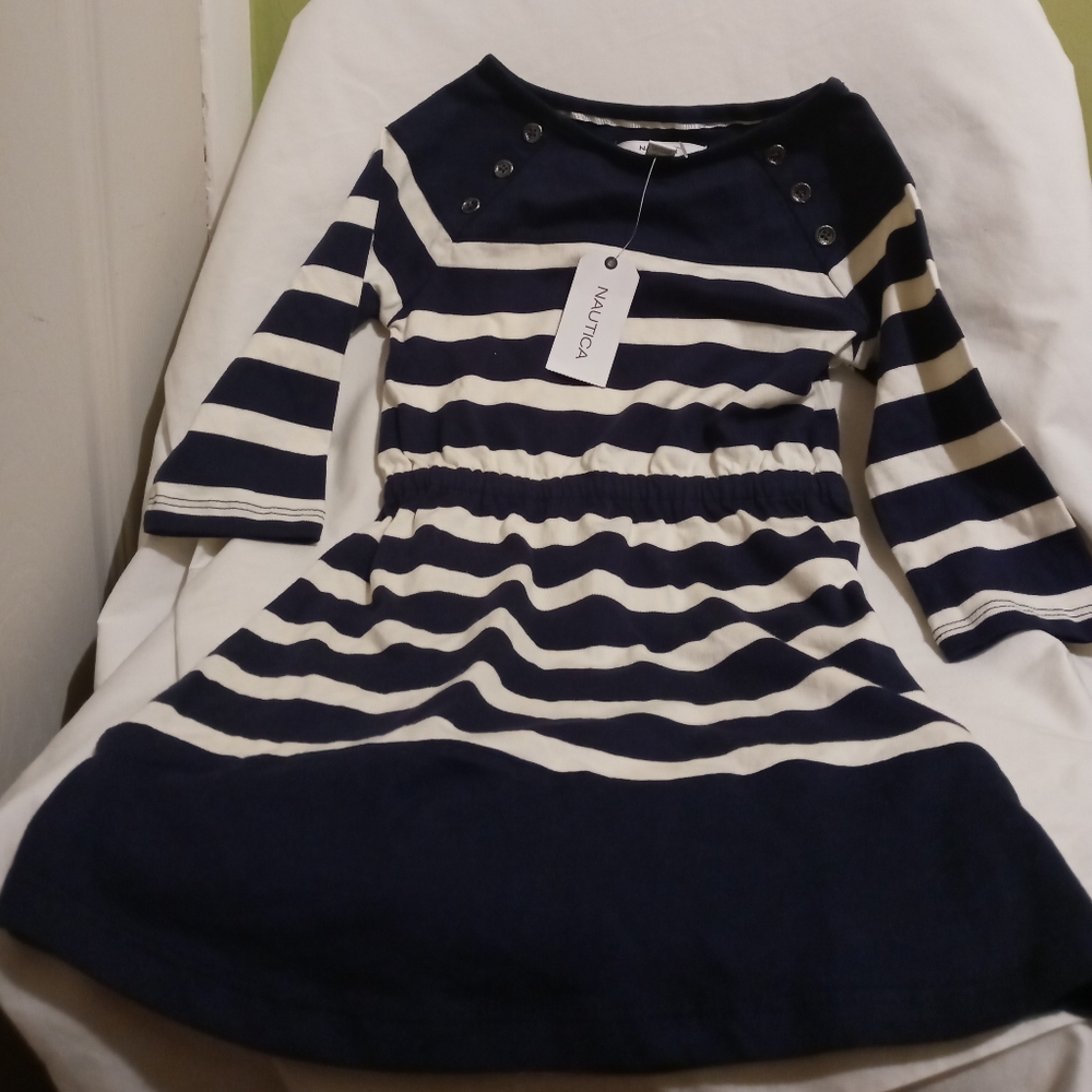 Nautica Girl's Dark Navy Blue And White Striped Dress, Size- 4